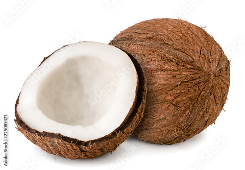 Ripe coconut and half close-up on a white background.