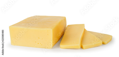 Cheese rectangular shape and three pieces on a white, isolated.