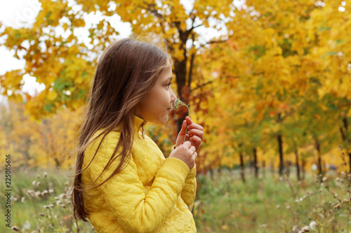 little girl model posing in autumn forest, child playing in Park