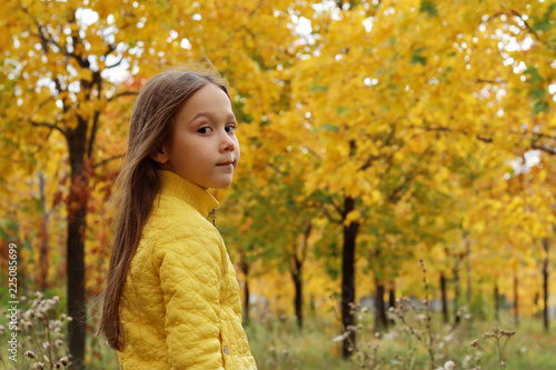 little girl model posing in autumn forest, child playing in Park