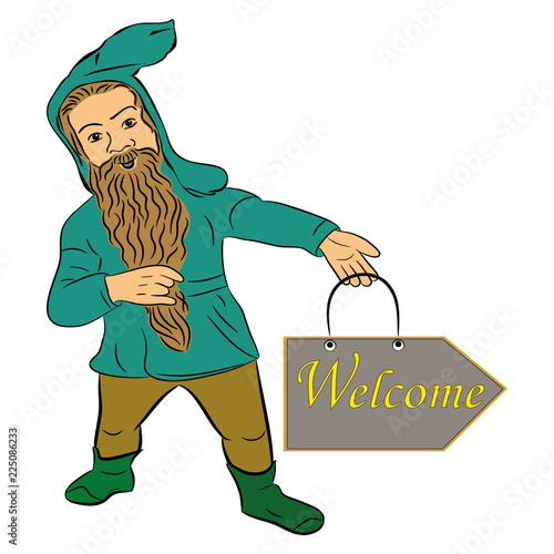 Little people. The fairy dwarf holds an invitation in his hand. Invitation , isolated pointer, white. vector