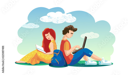 Vector Lovers boy and girl together spend time. Woman reading book Man working on laptop Students sitting on grass.