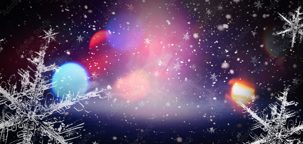 Winter, snow, background. Abstract dark bokeh background with snowflakes.