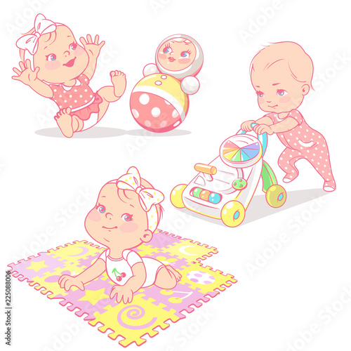 Set with different toys isolated. Baby girl play with tumbler toy, playing mat, walker. Active toddler. Baby development. One year girl. Preset for mother's blog. Design template. Vector illustration.