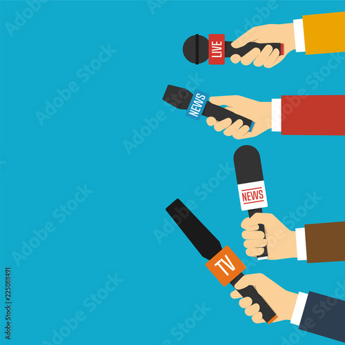 Journalists hands holding microphones performing interview. Vect