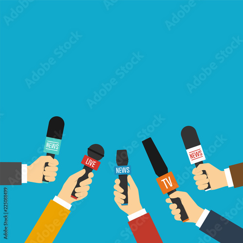 Journalists hands holding microphones performing interview. Vect