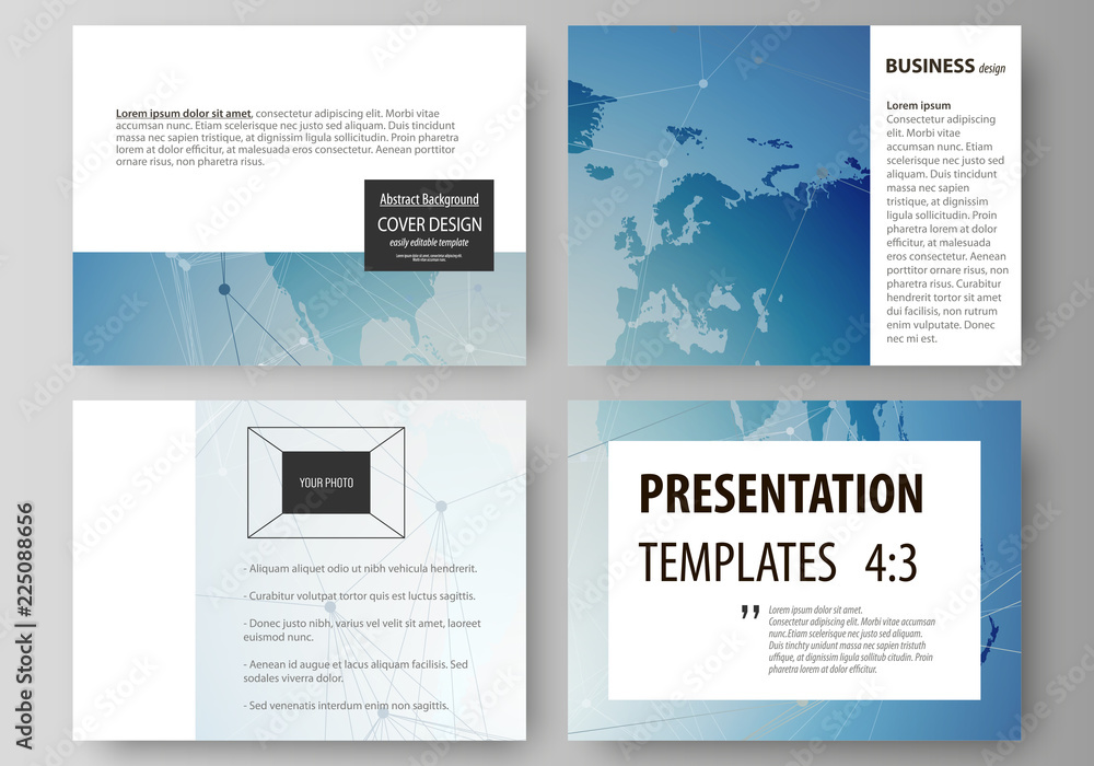 The minimalistic abstract vector illustration of the editable layout of the presentation slides design business templates. World map on blue, geometric technology design, polygonal texture.
