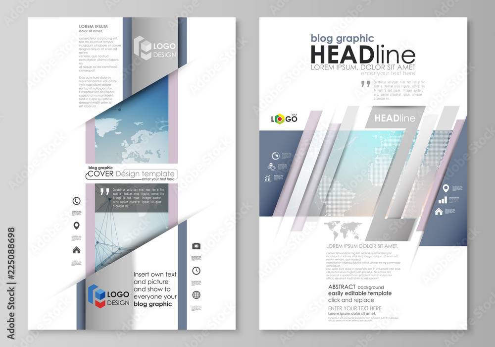 The abstract minimalistic vector illustration of the editable layout of two modern blog graphic pages mockup design templates. Polygonal geometric linear texture. Global network, dig data concept.