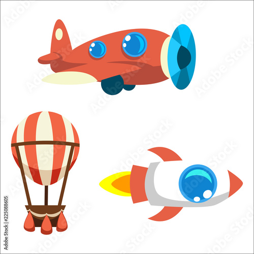 Set of cartoon vector objects air balloon, vintage aircraft and rocket