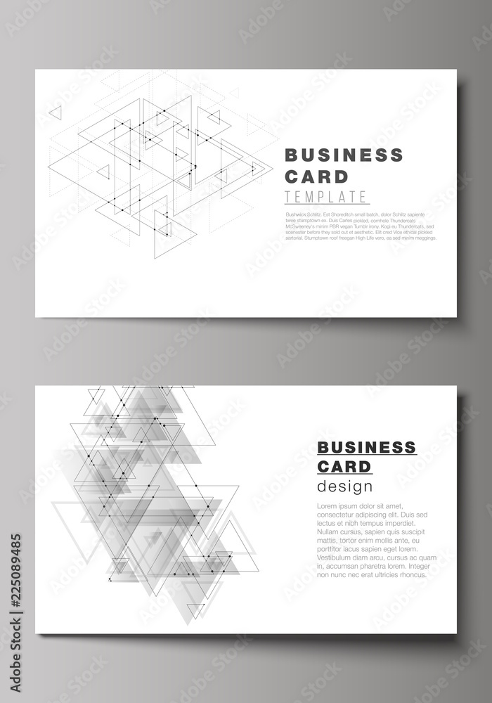 The minimalistic abstract vector illustration of editable layout of two creative business cards design templates. Polygonal background with triangles, connecting dots and lines. Connection structure.