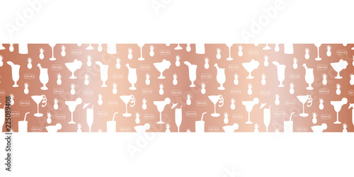 Rose gold foil cocktail glass seamless vector pattern border. Alcohol drinking glasses champagne flutes on metallic shiny copper background. For bar menu, summer party, celebration, wedding, birthday