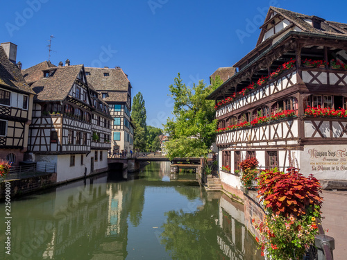 View along the Ill River in Petite France areas of Strasbourg in the Alsace region of France. 