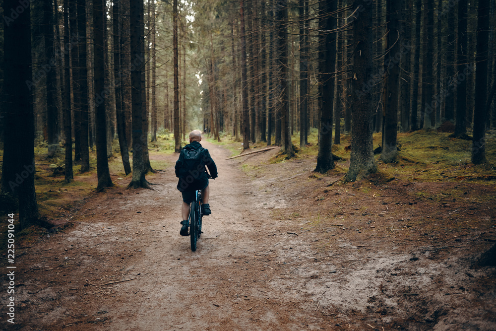 Back view of unrecognizable man riding moutain bike along deserted path in forest. Rear shot of male cycling in woods on peaceful morning with nobody around. People, nature and sports concept Back view of unrecognizable man riding moutain bike along deserted path in forest. Rear shot of male cycling in woods on peaceful morning with nobody around. People, nature and sports concept