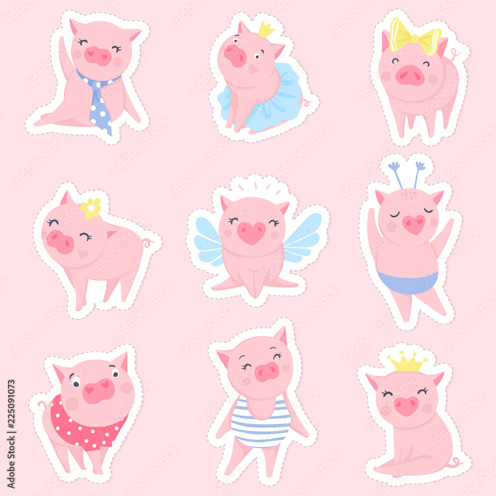 Cute pink pigs vector set. Symbol of 2019 on the Chinese calendar.