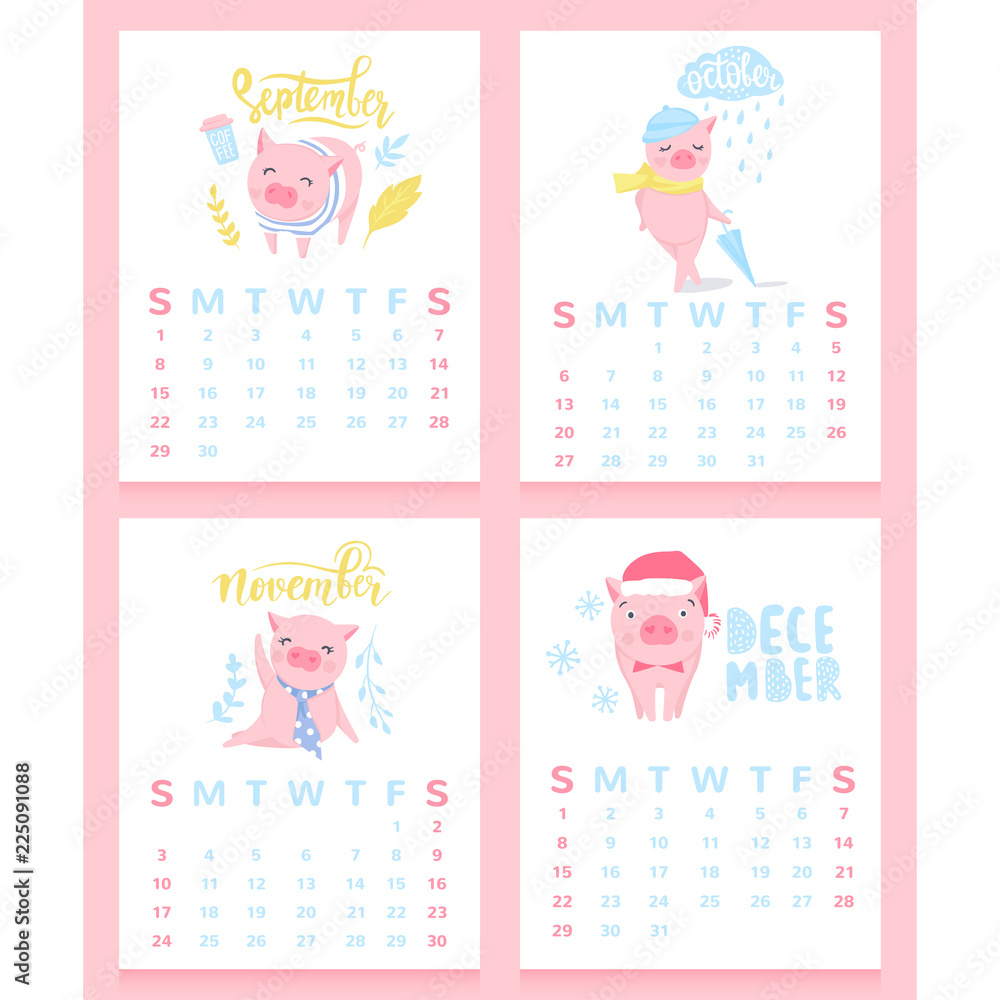 Cartoon calendar 2019 with cute pigs. September, october, november ...