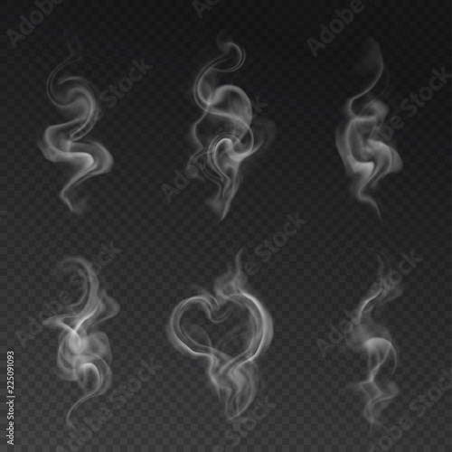 Vector set of realistic transparent smoke effects - cigarette smoke, coffe or hot tea steam