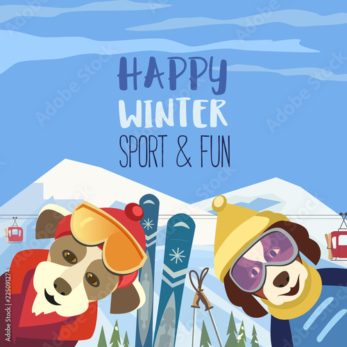 Season motivation quote Enjoy winter outdoors.. Cute comic dogs in sport hats, glasses with mountain skies. Colorful playful cartoon. Funny skiers. Leisure activity on nature vector illustration