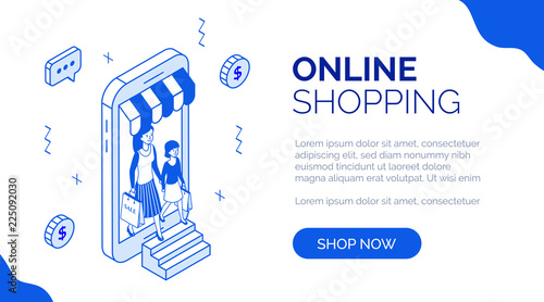 Modern isometric people characters with goods purchases,landing page mobile web online shopping concept.Isometrics icons,ready to use button Shop Now,happy customers walk out phone,packages bags
