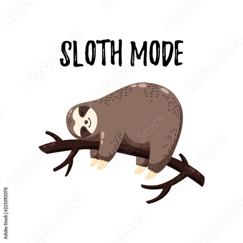 Cute vector illustration. Funny cartoon sloth hanging on a branch