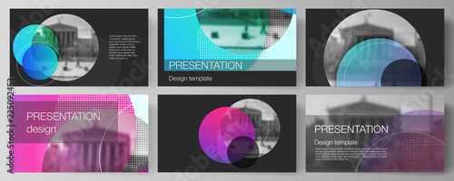 The minimalistic abstract vector illustration of the editable layout of the presentation slides design business templates. Creative modern bright background with colorful circles and round shapes.
