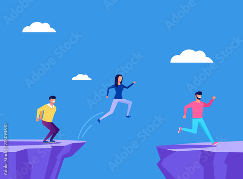 Brave people businessmen office workers characters jump across the cliff. Business strategy concept. Vector flat cartoon graphic design illustration