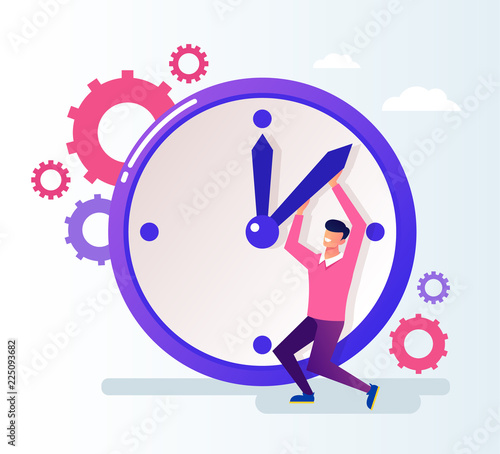 Office worker businessman man character push time back. Time organization concept. Vector flat cartoon graphic design illustration