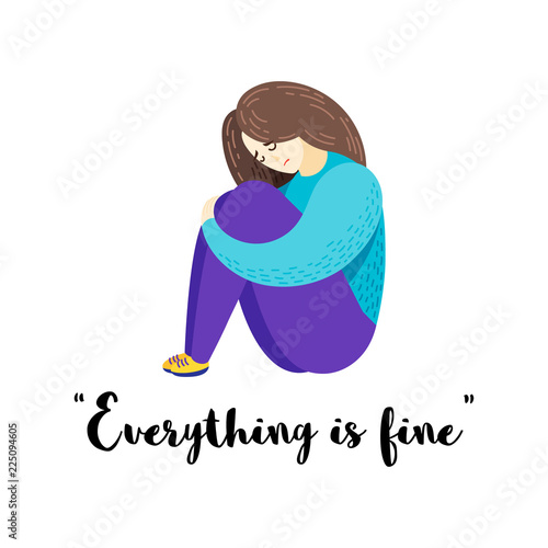 Vector cartoon flat illustration of depression. Sad girl.