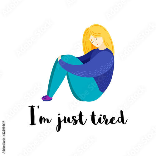 Vector cartoon flat illustration of depression. Sad girl.