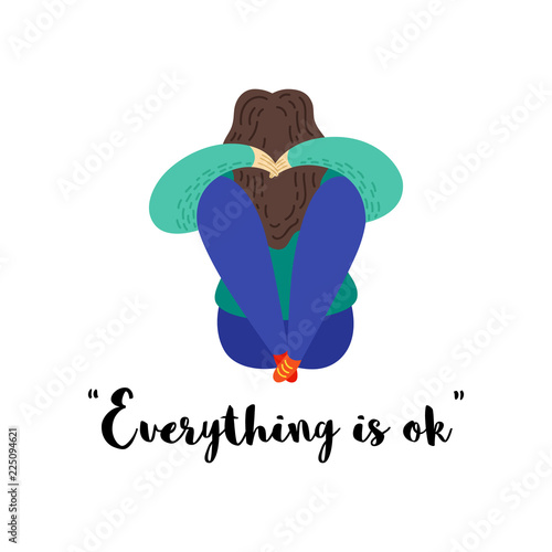 Vector cartoon flat illustration of depression. Sad girl.