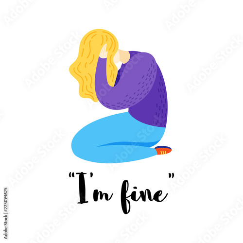 Vector cartoon flat illustration of depression. Sad girl.