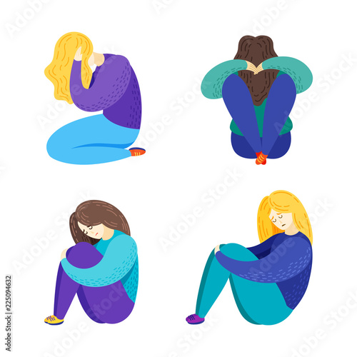 Vector cartoon flat illustration of depression. Sad girls