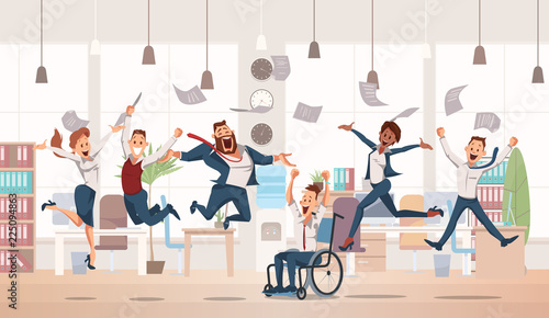 Happy Office Workers Jumping. Vector Illustration.