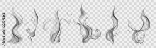Set of realistic translucent smoke or steam in gray colors, isolated on transparent background. Transparency only in vector format