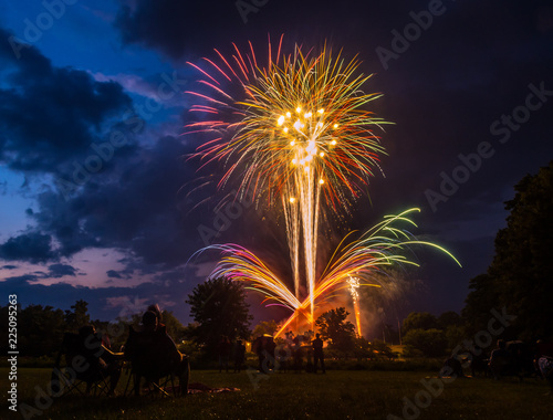 Cuadro en lienzo Firework Display, Fourth of July, People Watching from Lawn