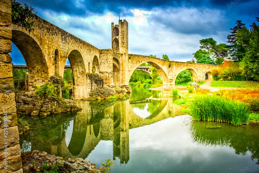 Medieval antique stone bridge in Beasalu, Spain