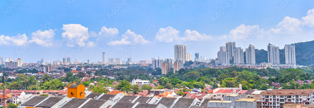 Georgetown city panoramic aerial view from Penang island, Malaysia