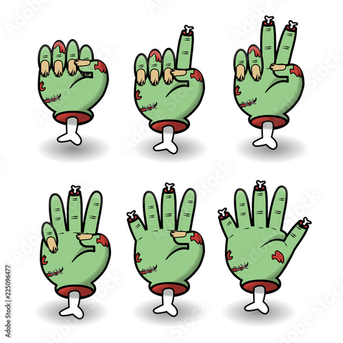 Severed zombie counting hand gesture set. Halloween counting hand sign from zero to five. Communication gestures concept. Vector illustration isolated on white background.