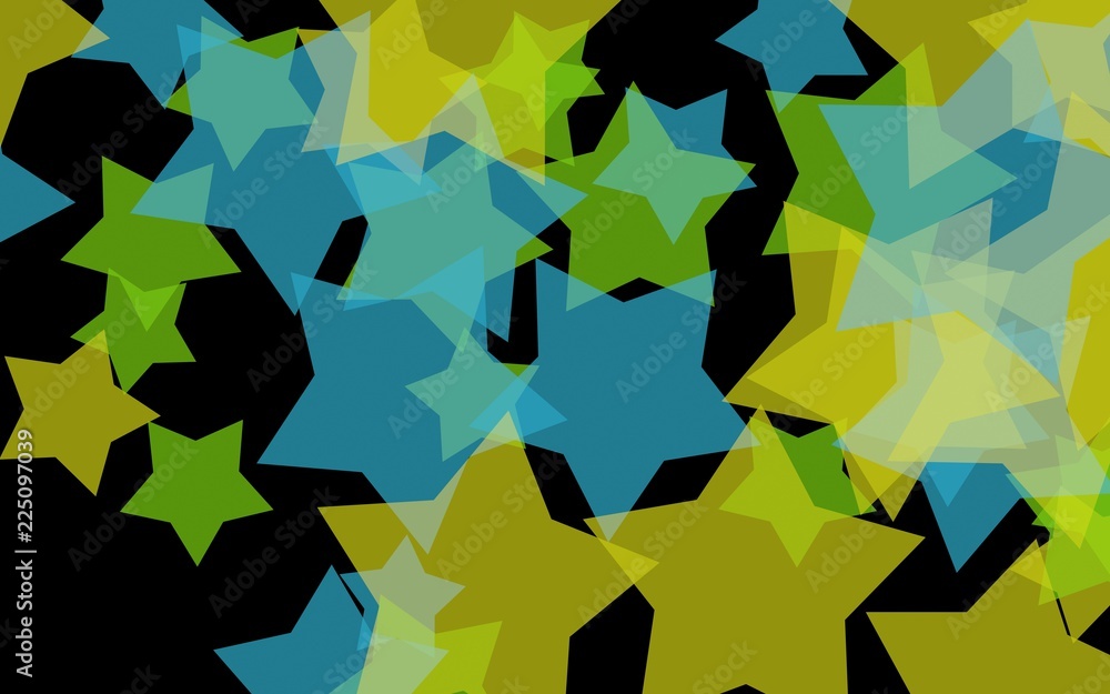Multicolored translucent stars on a dark background. Green tones. 3D illustration Multicolored translucent stars on a dark background. Green tones. 3D illustration