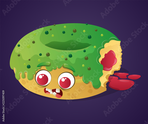 Zombie donut half-eaten with red jelly and green icing isolated on violet background.