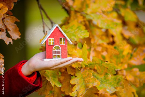 Valokuva female hand holding house toy near oak branch in autumn season park