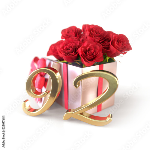 birthday concept with red roses in gift isolated on white background. ninety-second. 92nd. 3D render