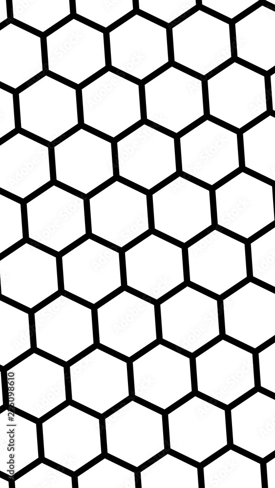 Black honeycomb on a white background. Isometric geometry. Vertical image orientation. 3D illustration
