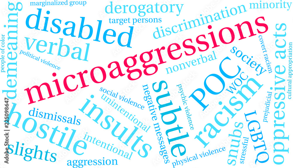 Microaggressions Word Cloud on a white background. Microaggressions Word Cloud on a white background.