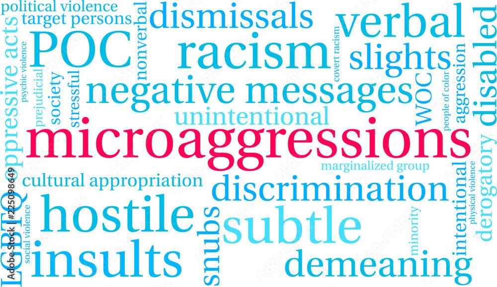 Microaggressions Word Cloud on a white background. Microaggressions Word Cloud on a white background.