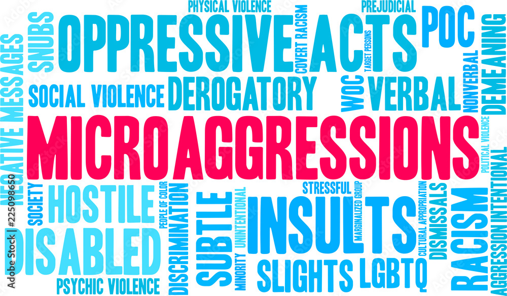 Microaggressions Word Cloud on a white background. Microaggressions Word Cloud on a white background.