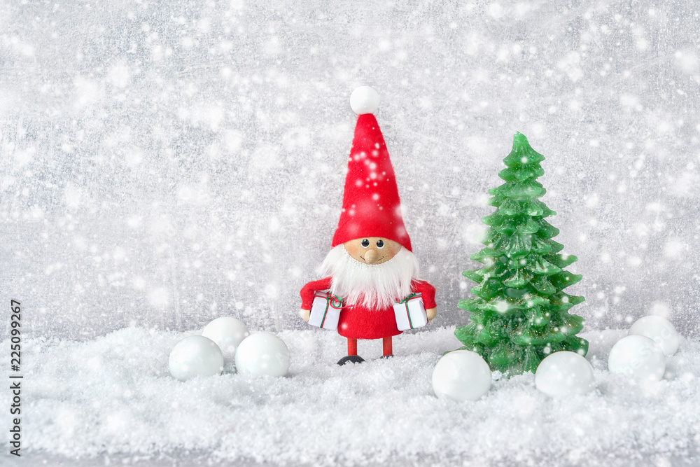 Santa claus background with Christmas decoration and snow. Copy space, Christmas symbol.