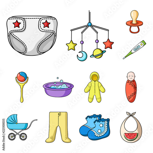 Birth of a baby cartoon icons in set collection for design. Newborn and accessories vector symbol stock web illustration.