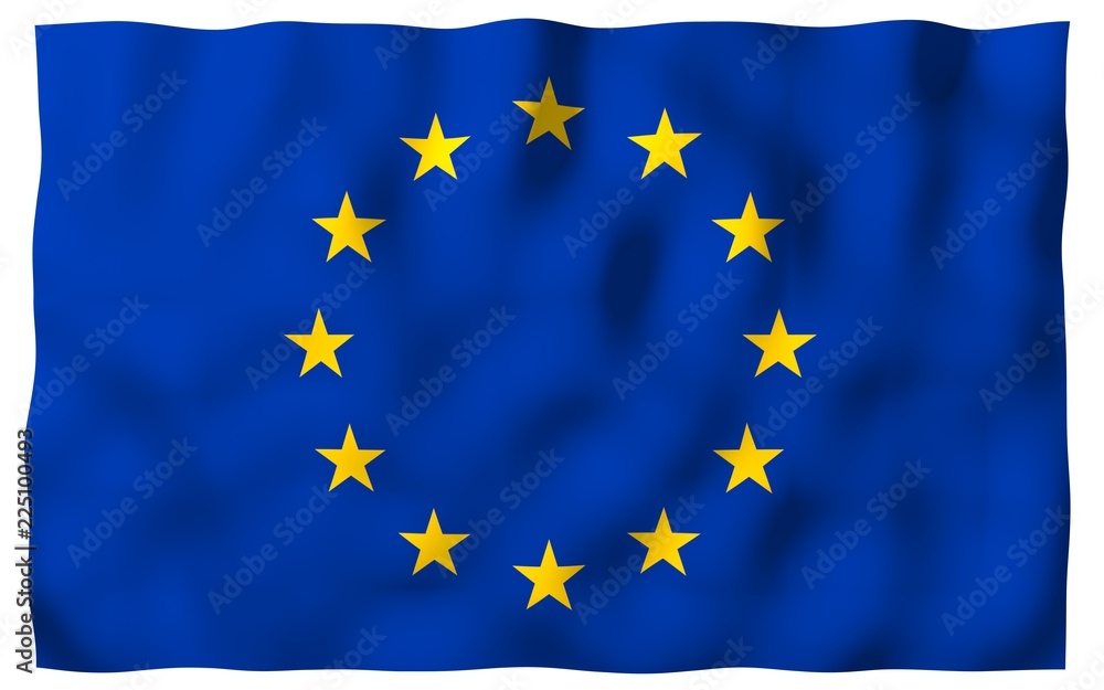 Slightly waving flag of the European Union isolated on white background, 3D rendering. Symbol of Europe. 3D illustration Slightly waving flag of the European Union isolated on white background, 3D rendering. Symbol of Europe. 3D illustration