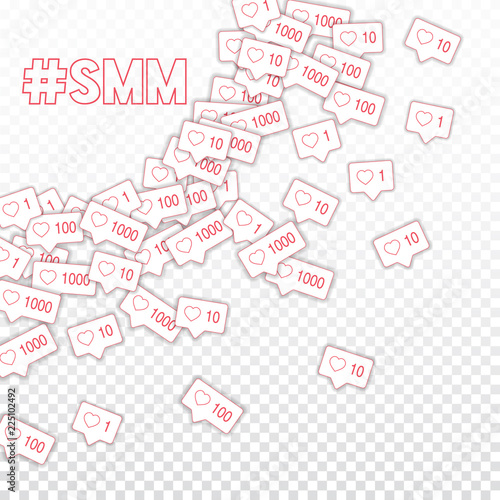 Social media icons. Smm concept. Falling pink like counter. Radiant left top corner elements on tran