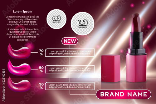 Makeup ads template Charming red lipstick mockup with sparkling background. Package Design Promotion Product. Cosmetics Advertising Banner, Flyer, Billboard, Poster or Catalog. 3D Vector Illustration.